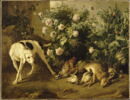 Chien gardant du gibier auprès d'un buisson de roses., image 3/4