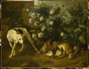 Chien gardant du gibier auprès d'un buisson de roses., image 1/4