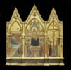Triptyque fixe : au centre, La Vierge et l'Enfant entourés de vingt anges et de quatre saints (Jean Baptiste et Pierre d'une part, Paul et Laurent [?] de l'autre); à gauche, La Nativité ; à droite, La Crucifixion ; à l'intérieur des gâbles, médaillons polylobés contenant l'Ange de l'Annonciation, Dieu le Père, la Vierge de l'Annonciation, image 2/4