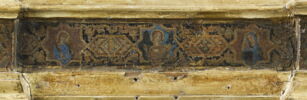 Triptyque fixe : au centre, La Vierge et l'Enfant entourés de vingt anges et de quatre saints (Jean Baptiste et Pierre d'une part, Paul et Laurent [?] de l'autre); à gauche, La Nativité ; à droite, La Crucifixion ; à l'intérieur des gâbles, médaillons polylobés contenant l'Ange de l'Annonciation, Dieu le Père, la Vierge de l'Annonciation, image 3/4