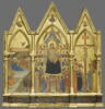 Triptyque fixe : au centre, La Vierge et l'Enfant entourés de vingt anges et de quatre saints (Jean Baptiste et Pierre d'une part, Paul et Laurent [?] de l'autre); à gauche, La Nativité ; à droite, La Crucifixion ; à l'intérieur des gâbles, médaillons polylobés contenant l'Ange de l'Annonciation, Dieu le Père, la Vierge de l'Annonciation, image 1/4