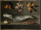 Nature morte au poisson avec crabe, crevettes, oignons et oranges, image 1/3