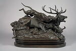 Cerf dix cors terrassé par deux lévriers d'Ecosse, image 1/10