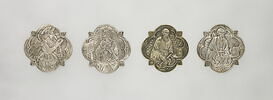 4 plaquettes quadrilobées provenant d'une croix : L'ange de l'Annonciation, la Vierge, saint Pierre et saint Paul, image 1/2